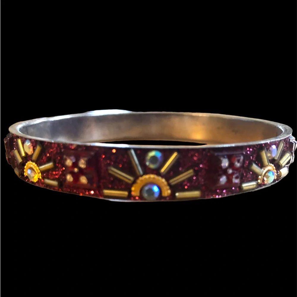 Whimsigoth Pair (2) Vintage Boho Gold Red‎ Flower Sun Bangle Set